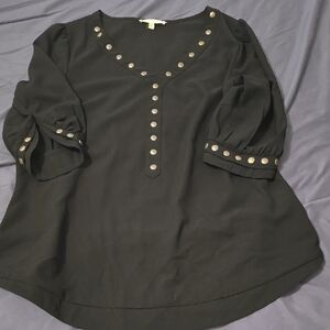 Black V-Neck Women's Top with Bronze Studded  Accents